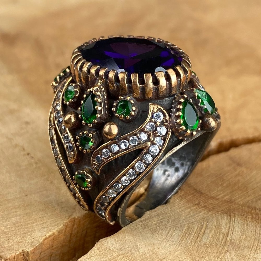 Ottoman - Handmade Authentic Sterling Silver Ring with Amethyst and CZ Diamonds